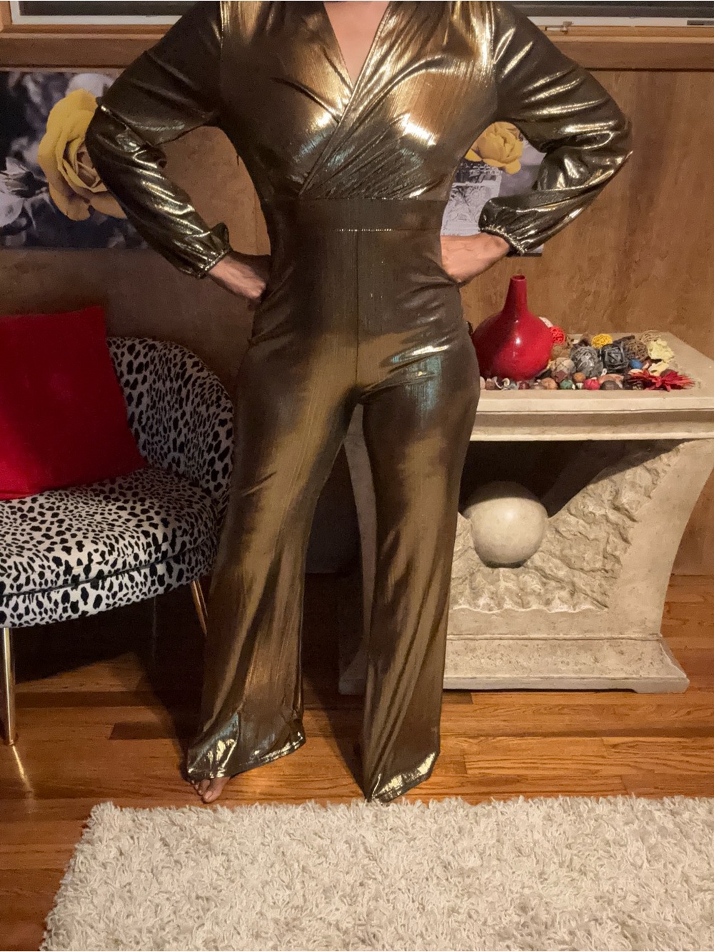 Metallic Gold Wrap-Front Wide-Leg Jumpsuit